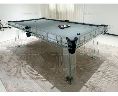 MESA DE BILLAR LUXURY GLASS1,  DE CRISTAL TEMPLADO ESTRUCTURA DE ACERO INOXIDABLE, 7FT ó 8FT